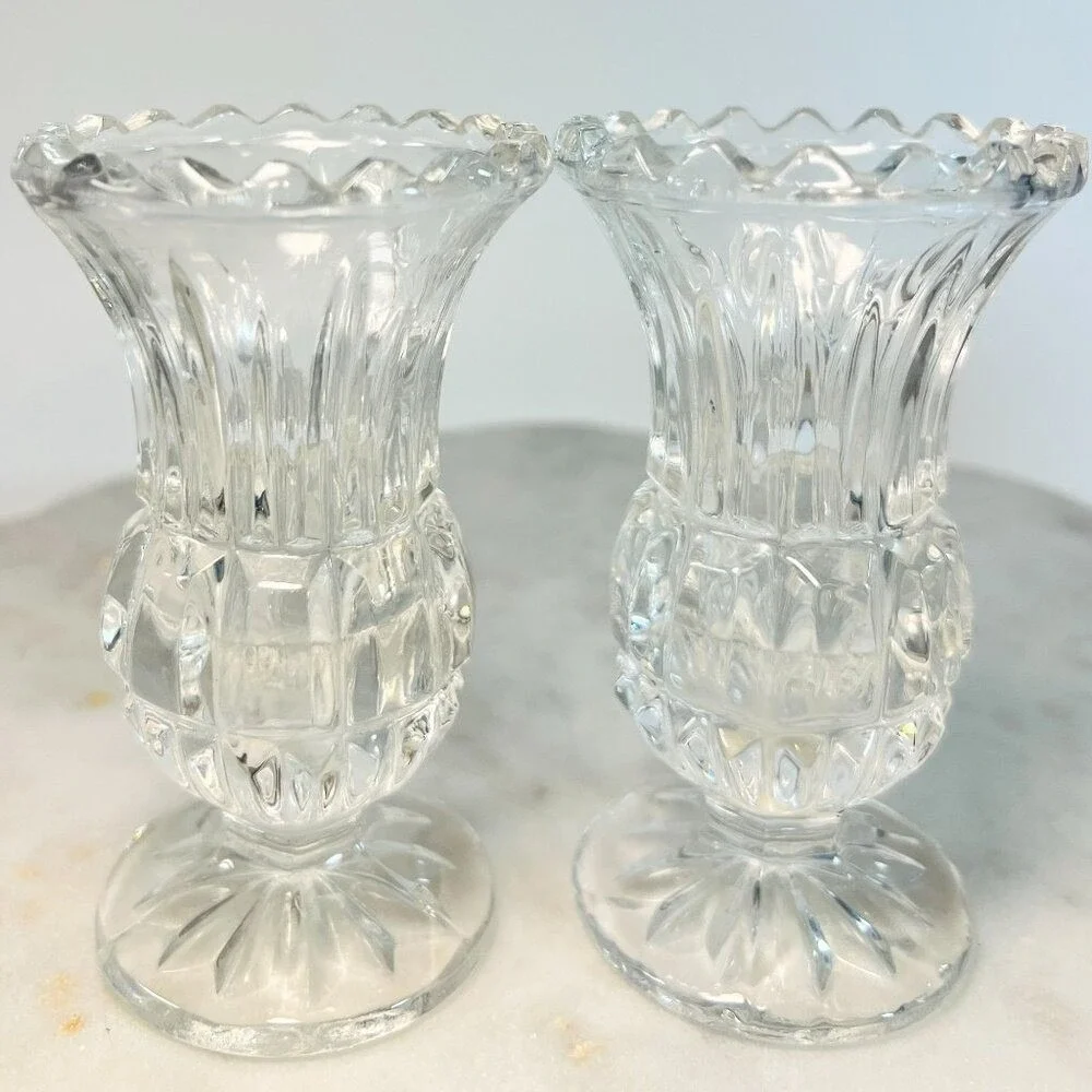 Vtg Clear Crystal Bud Vases Candle Holders Set of 2 Pattern Tealight Votive Gift